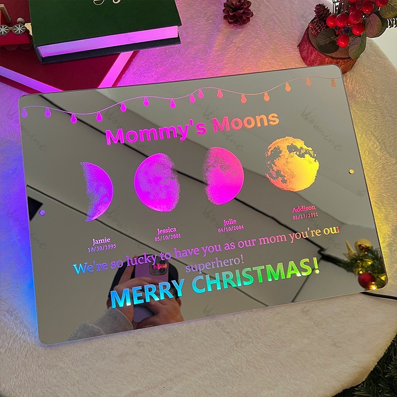 Custom Led Mirror Light Frame with text and date - mommy's moons