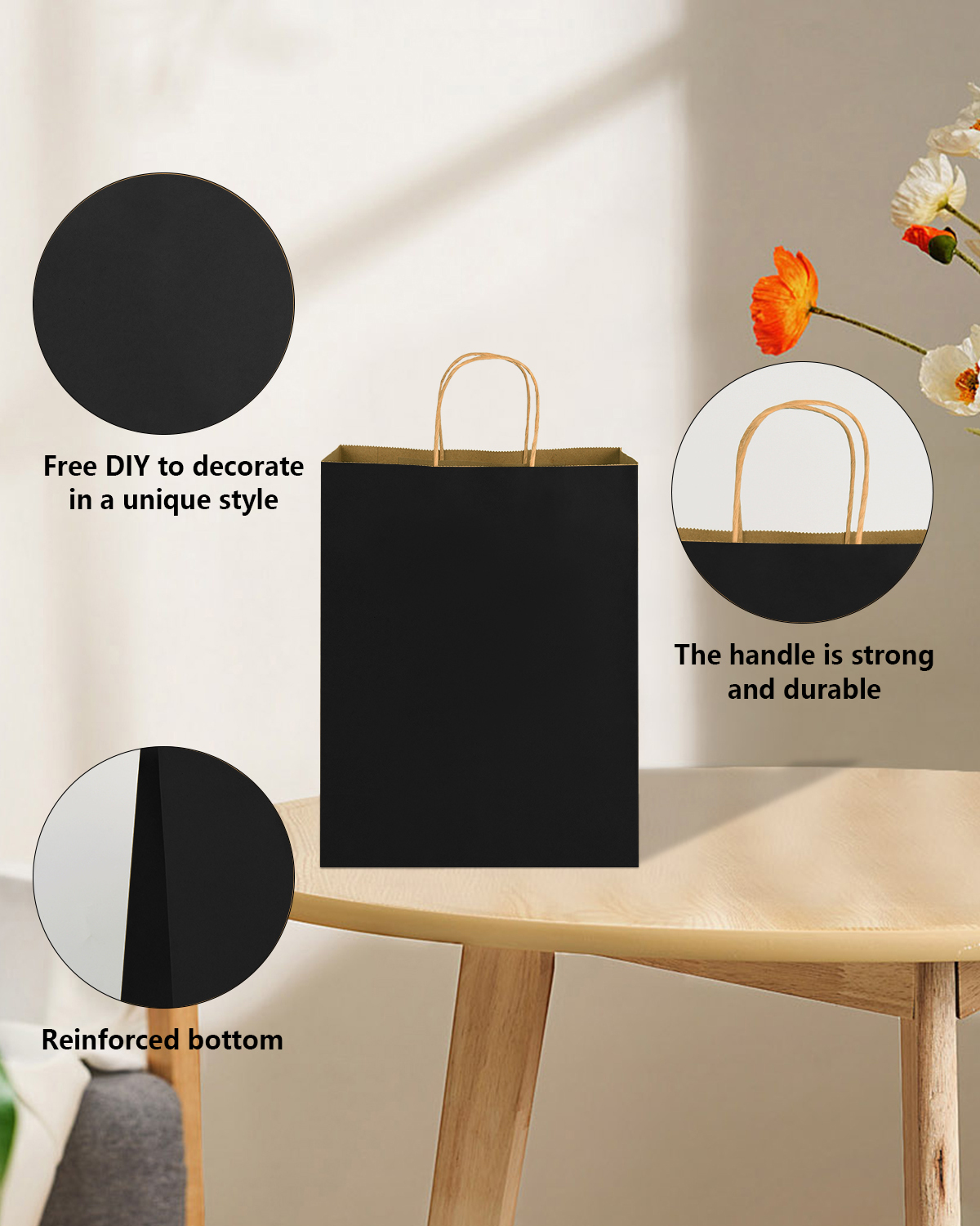 Bolthy Black Large Kraft Paper Bags 100Pcs 10.24 x 4.72 x 12.60 inches(26x12x32cm) Paper Bags with Handles Gift Bags for Shopping, Wedding, Retail, Party Favor Bags