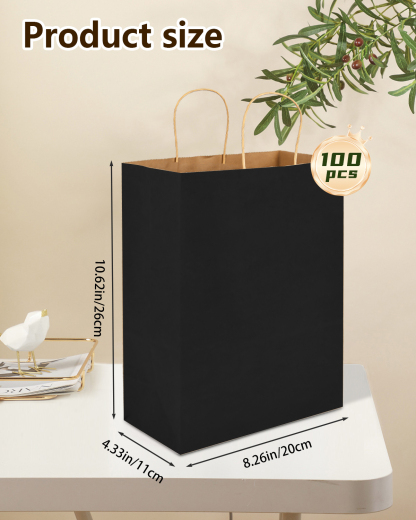 Bolthy Black Medium Size 100pcs Brown Paper Gift Bags, 8.26 x 4.33 x 10.62 inches (20x11x26cm) with Handle, Suitable for Shopping, Wedding, Retail, Party Favor Bags