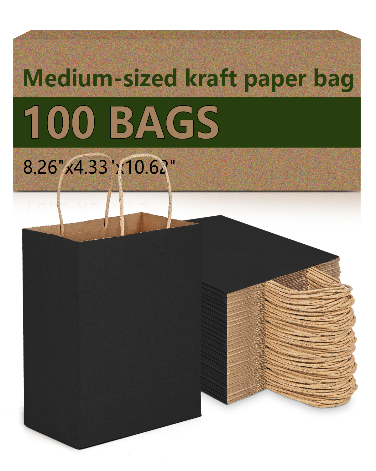 Bolthy Black Medium Size 100pcs Brown Paper Gift Bags, 8.26 x 4.33 x 10.62 inches (20x11x26cm) with Handle, Suitable for Shopping, Wedding, Retail, Party Favor Bags