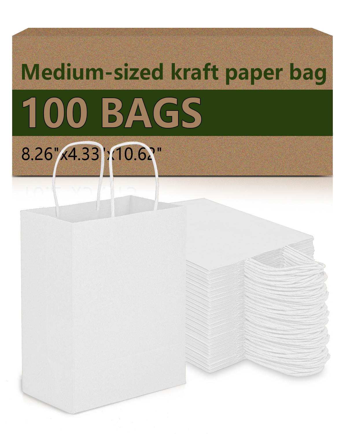 Bolthy White Medium Size 100pcs Brown Paper Gift Bags, 8.26 x 4.33 x 10.62 inches (20x11x26cm) with Handle, Suitable for Shopping, Wedding, Retail, Party Favor Bags