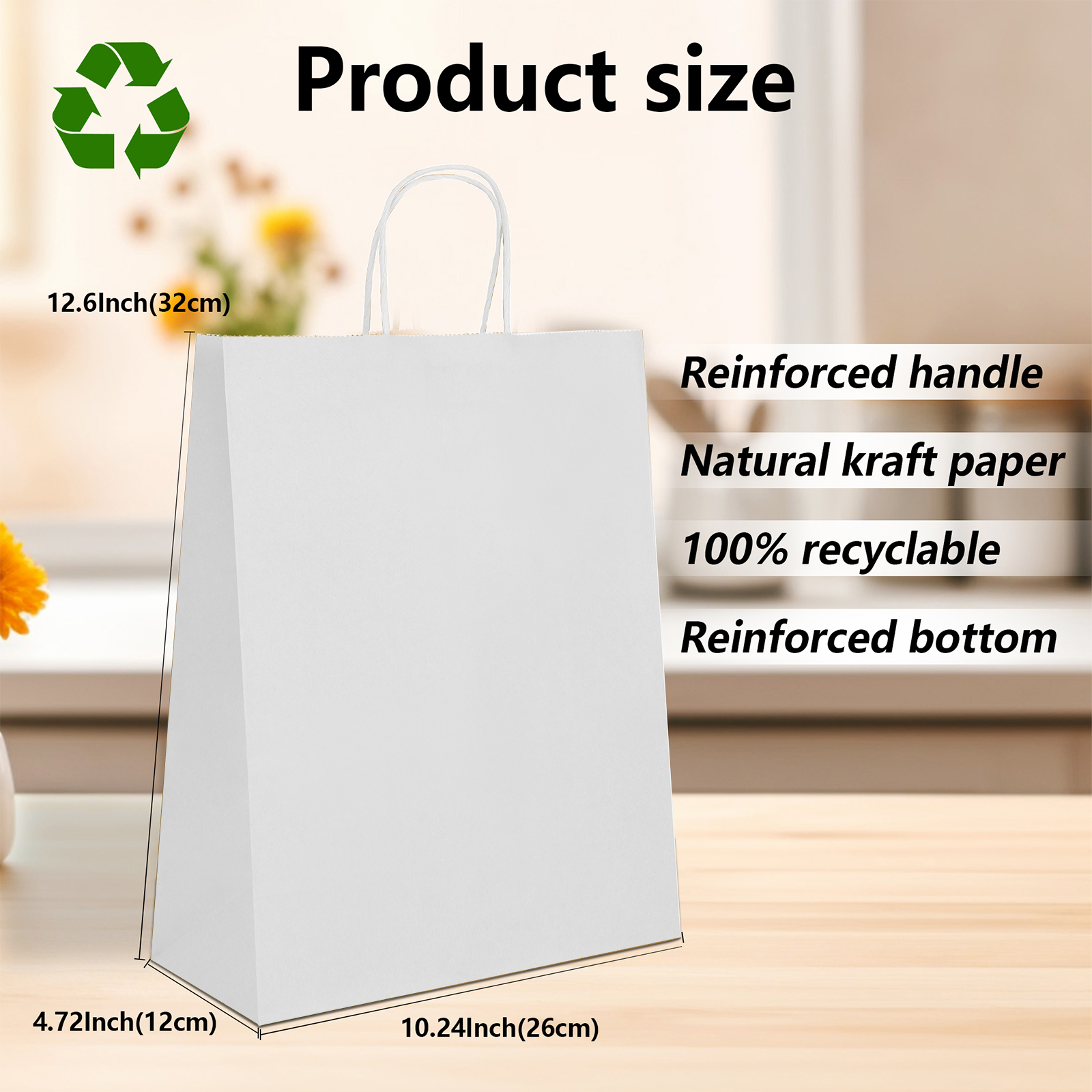 Bolthy Large 100pcs White Kraft Paper Bags 10x5x13 inches (25x12x33 cm) Gift Bags with Handles, Shopping Bags, Bulk Craft Tote Bags, Birthday Party, Recyclable Kraft Paper Bags