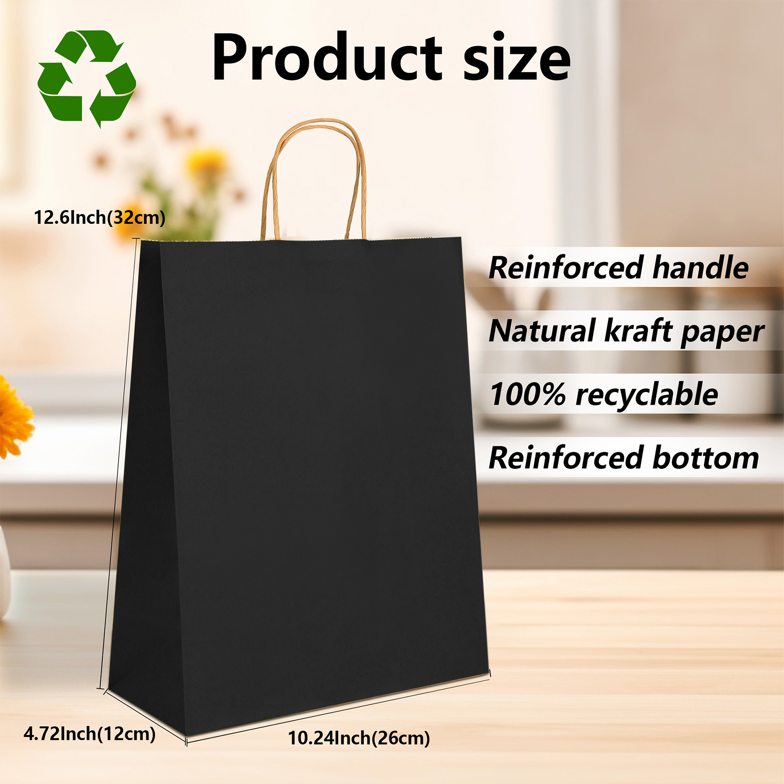 Bolthy Black Large Kraft Paper Bags 100Pcs 10.24 x 4.72 x 12.60 inches(26x12x32cm) Paper Bags with Handles Gift Bags for Shopping, Wedding, Retail, Party Favor Bags