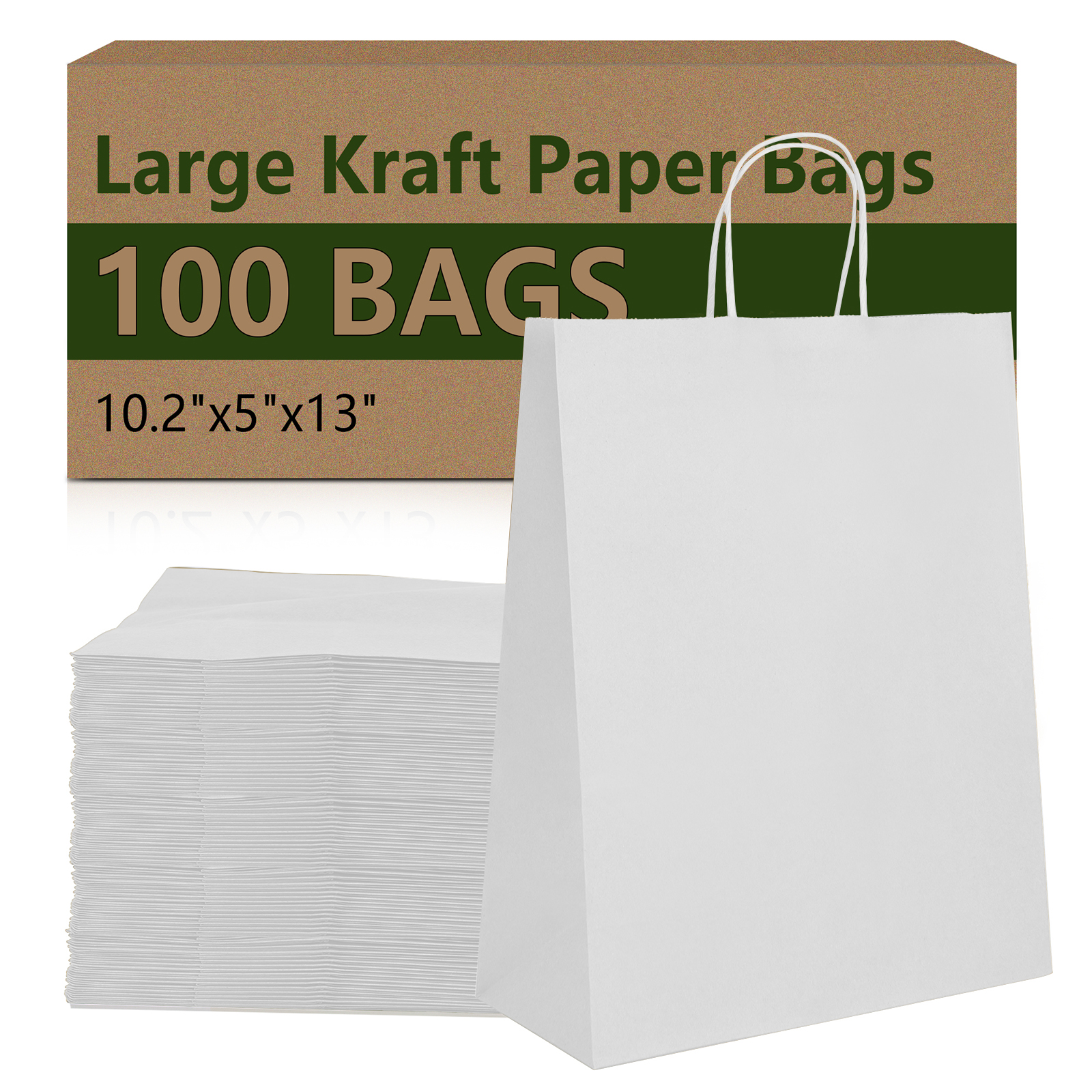Bolthy Large 100pcs White Kraft Paper Bags 10x5x13 inches (25x12x33 cm) Gift Bags with Handles, Shopping Bags, Bulk Craft Tote Bags, Birthday Party, Recyclable Kraft Paper Bags