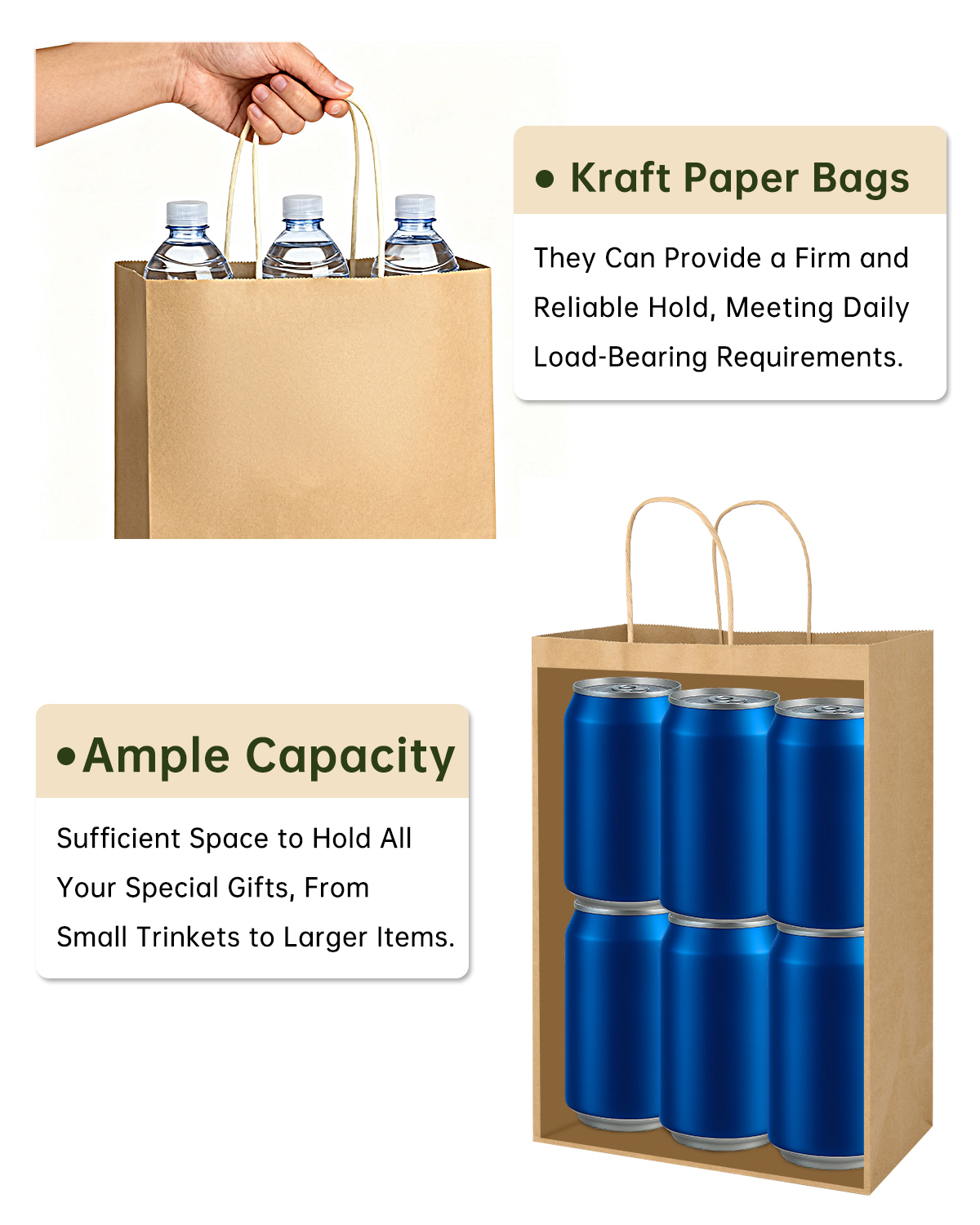 Bolthy Black Medium Size 100pcs Brown Paper Gift Bags, 8.26 x 4.33 x 10.62 inches (20x11x26cm) with Handle, Suitable for Shopping, Wedding, Retail, Party Favor Bags