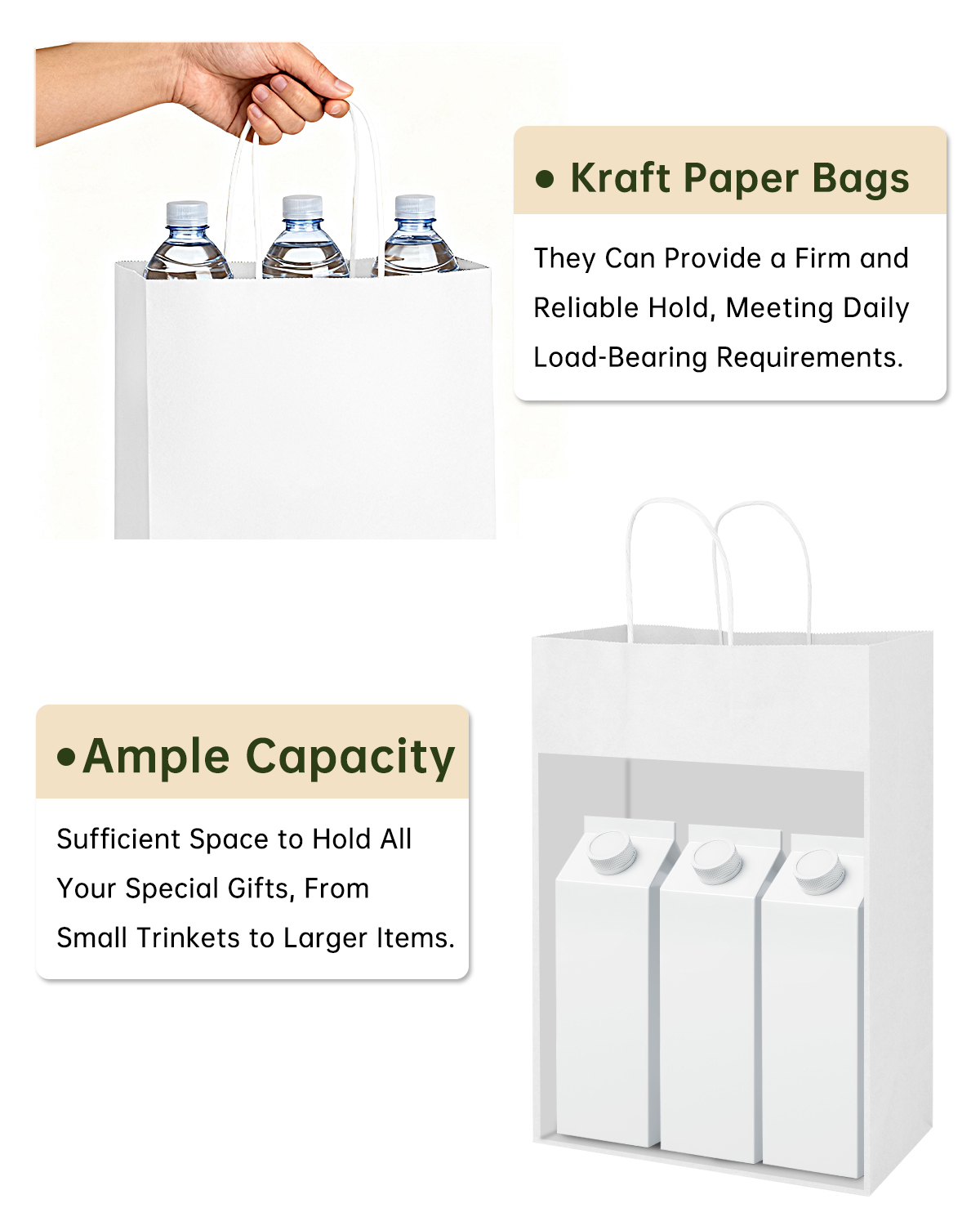 Bolthy Large 100pcs White Kraft Paper Bags 10x5x13 inches (25x12x33 cm) Gift Bags with Handles, Shopping Bags, Bulk Craft Tote Bags, Birthday Party, Recyclable Kraft Paper Bags