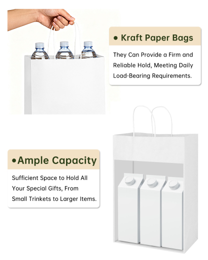 Bolthy Large 100pcs White Kraft Paper Bags 10x5x13 inches (25x12x33 cm) Gift Bags with Handles, Shopping Bags, Bulk Craft Tote Bags, Birthday Party, Recyclable Kraft Paper Bags