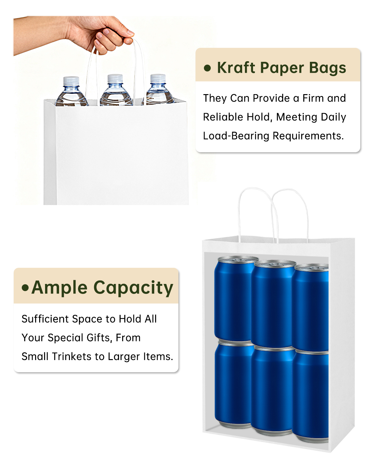 Bolthy White Medium Size 100pcs Brown Paper Gift Bags, 8.26 x 4.33 x 10.62 inches (20x11x26cm) with Handle, Suitable for Shopping, Wedding, Retail, Party Favor Bags