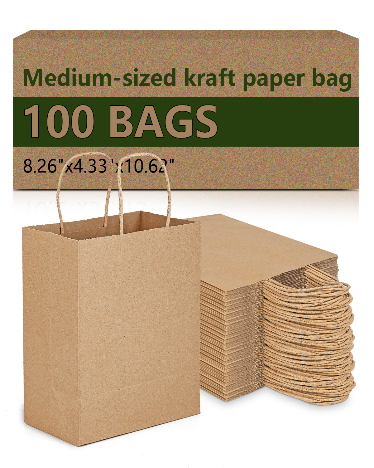 Bolthy Paper Bags - Brown Medium Kraft Paper Bag 100Pcs 8.26 x 4.33 x 10.62 inches (20x11x26cm) Paper Bag with Handle Suitable for Shopping, Wedding, Retail, Party Favor Bags