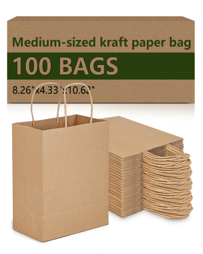 Bolthy Paper Bags - Brown Medium Kraft Paper Bag 100Pcs 8.26 x 4.33 x 10.62 inches (20x11x26cm) Paper Bag with Handle Suitable for Shopping, Wedding, Retail, Party Favor Bags
