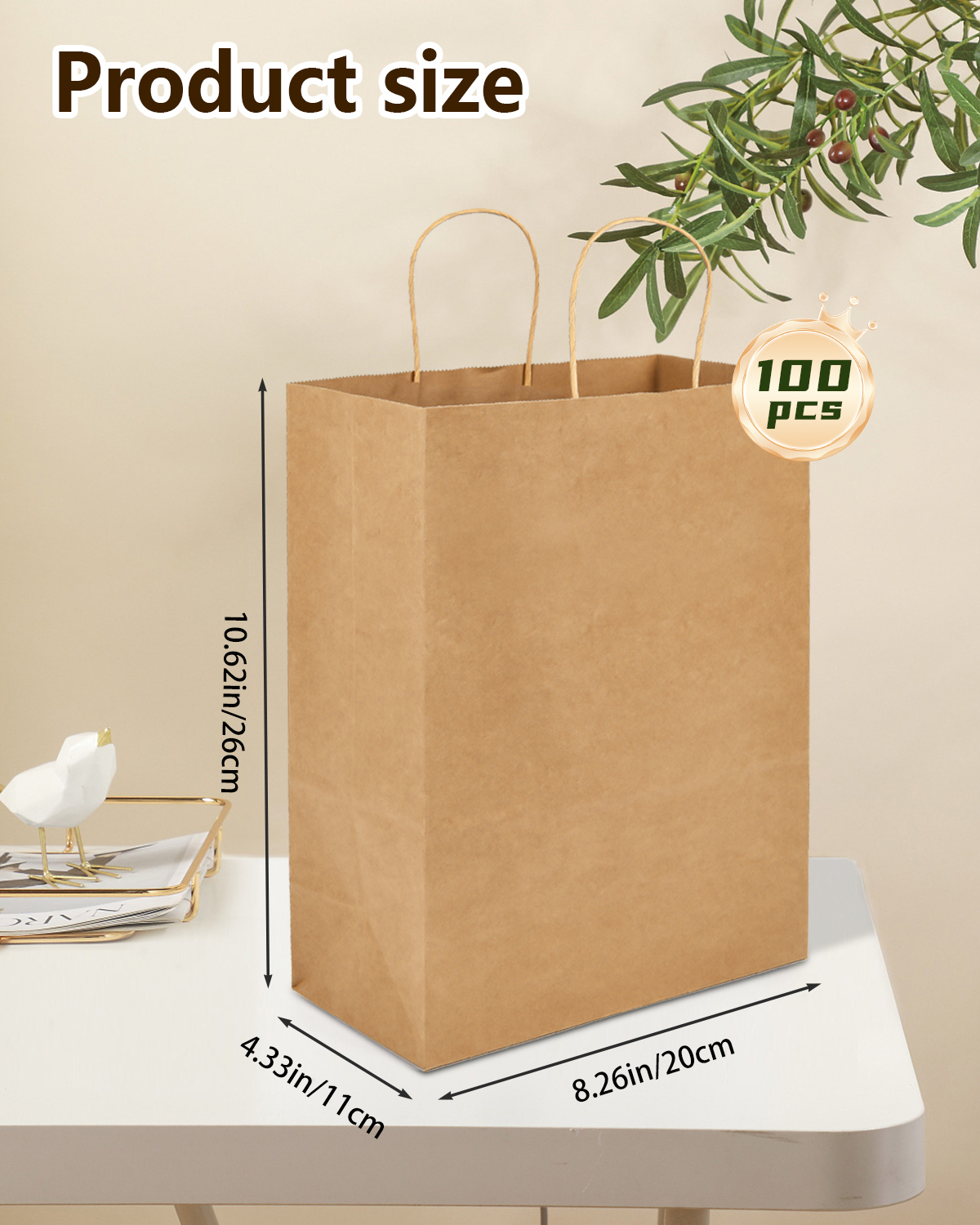 Bolthy Paper Bags - Brown Medium Kraft Paper Bag 100Pcs 8.26 x 4.33 x 10.62 inches (20x11x26cm) Paper Bag with Handle Suitable for Shopping, Wedding, Retail, Party Favor Bags
