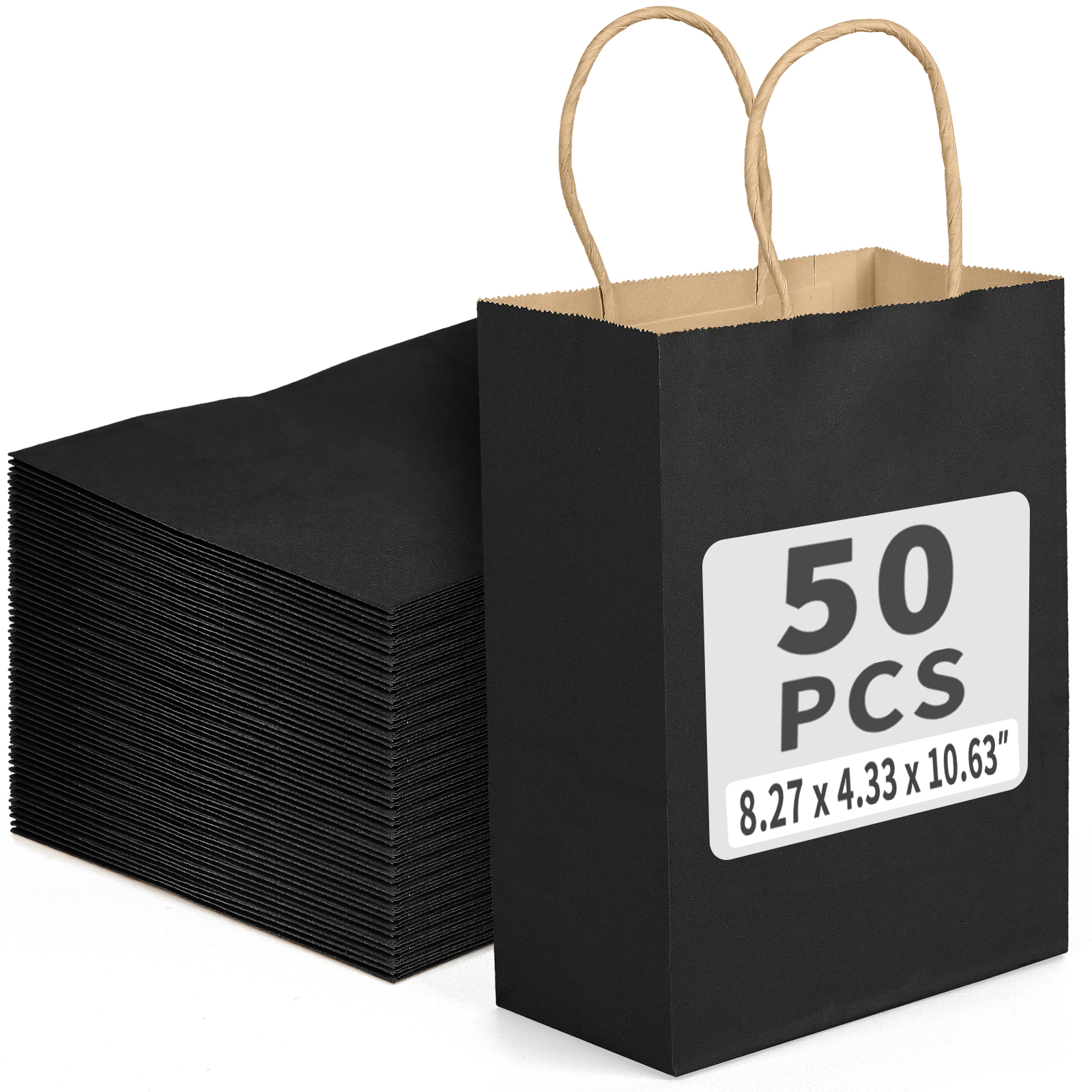 Bolthy Black Medium Kraft Paper Bag 50Pcs 8.26 x 4.33 x 10.62 inches (20x11x26cm) Paper Bag with Handle Suitable for Shopping, Wedding, Retail, Party Favor Bags
