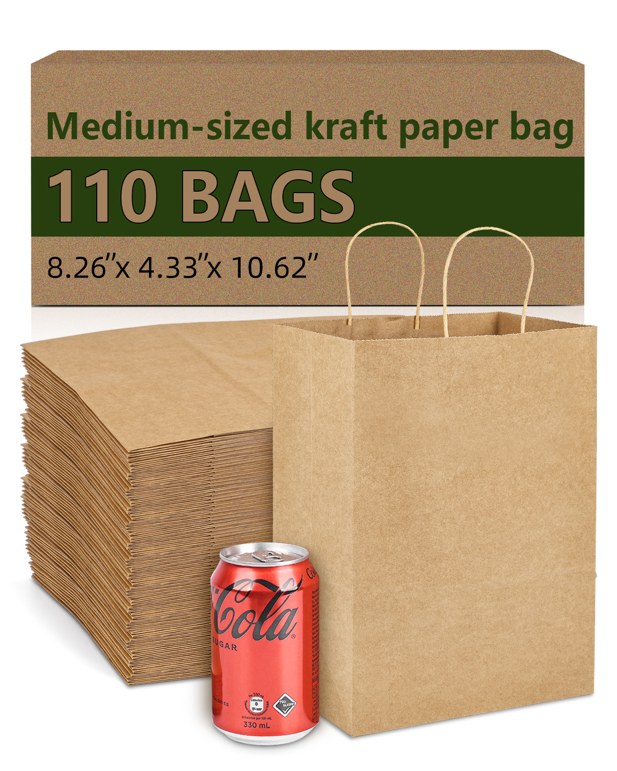 Bolthy Brown Medium Kraft Paper Bag 110Pcs 8.26 x 4.33 x 10.62 inches (20x11x26cm) Paper Bag with Handle Suitable for Shopping, Wedding, Retail, Party Favor Bags
