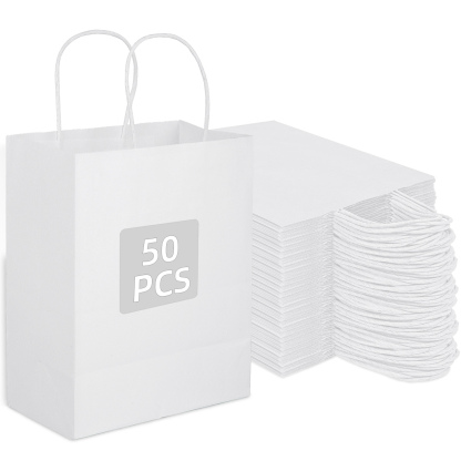 Bolthy White Kraft Paper Bags Medium 50Pcs 8.26 x 4.33 x 10.62 inches with Handles Gift Bags Shopping Bags for Wedding, Retail, Birthdays, Party Favor