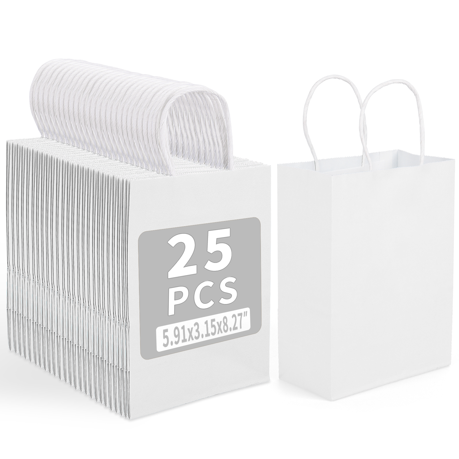 Bolthy MINI White Kraft Paper Bags 25 PCS 5.91 x 3.15 x 8.26 inches(14x8x20cm) Small Kraft Paper Gift Bags with Handles Bulk Shopping Bags, Retail Bags, Merchandise Bags, Party Favor Bags