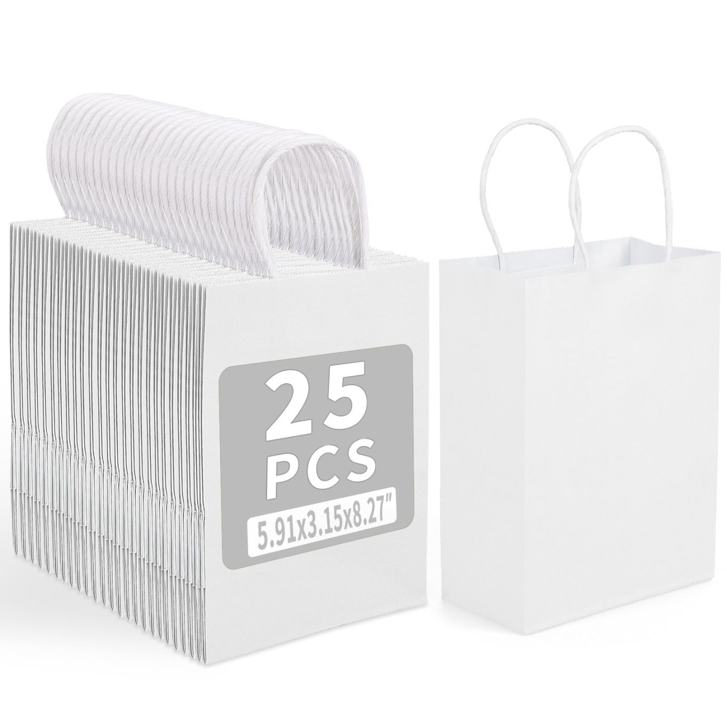 Bolthy MINI White Kraft Paper Bags 25 PCS 5.91 x 3.15 x 8.26 inches(14x8x20cm) Small Kraft Paper Gift Bags with Handles Bulk Shopping Bags, Retail Bags, Merchandise Bags, Party Favor Bags