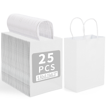 Bolthy MINI White Kraft Paper Bags 25 PCS 5.91 x 3.15 x 8.26 inches(14x8x20cm) Small Kraft Paper Gift Bags with Handles Bulk Shopping Bags, Retail Bags, Merchandise Bags, Party Favor Bags