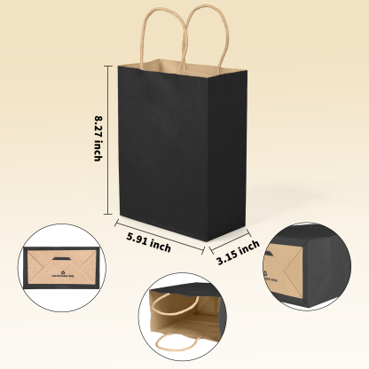 Bolthy MINI Black Kraft Paper Bags Small 25 PCS 5.91 x 3.15 x 8.26 inches(14x8x20cm) Small Kraft Paper Gift Bags with Handles Bulk Shopping Bags, Retail Bags, Merchandise Bags, Party Favor Bags