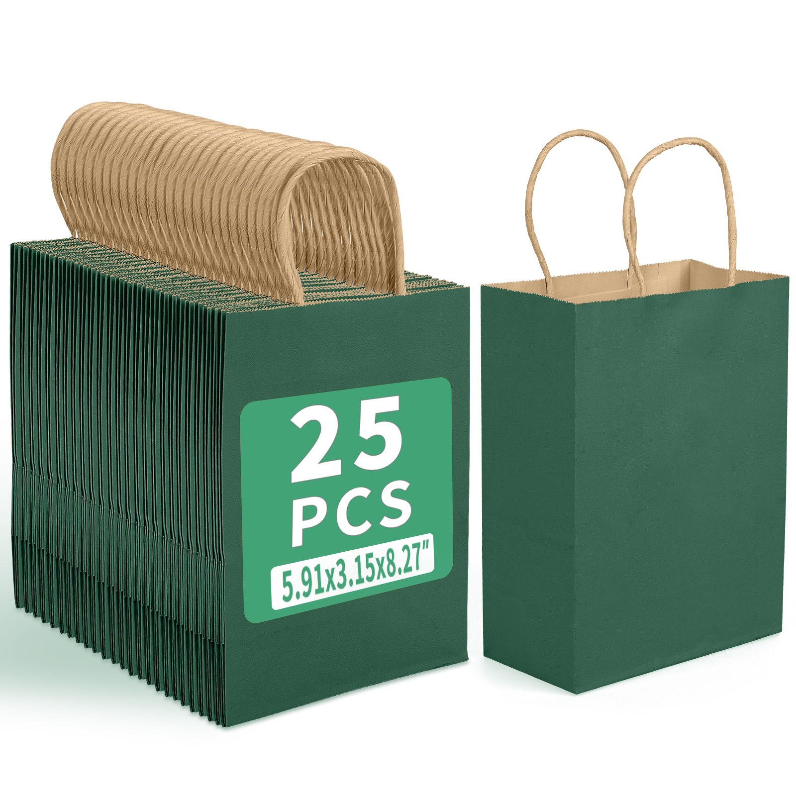 Bolthy MINI Green Kraft Paper Bags Small 25 PCS 5.91 x 3.15 x 8.26 inches(14x8x20cm) Small Kraft Paper Gift Bags with Handles Bulk Shopping Bags, Retail Bags, Merchandise Bags, Party Favor Bags