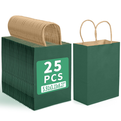 Bolthy MINI Green Kraft Paper Bags Small 25 PCS 5.91 x 3.15 x 8.26 inches(14x8x20cm) Small Kraft Paper Gift Bags with Handles Bulk Shopping Bags, Retail Bags, Merchandise Bags, Party Favor Bags