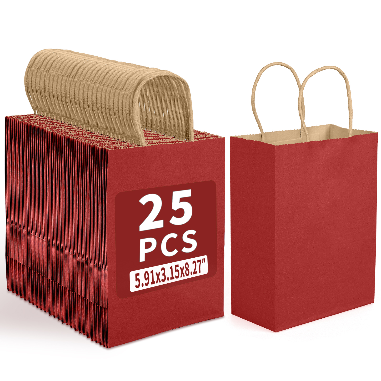 Bolthy MINI Red Kraft Paper Bags Small 25 PCS 5.91 x 3.15 x 8.26 inches(14x8x20cm) Small Kraft Paper Gift Bags with Handles Bulk Shopping Bags, Retail Bags, Merchandise Bags, Party Favor Bags