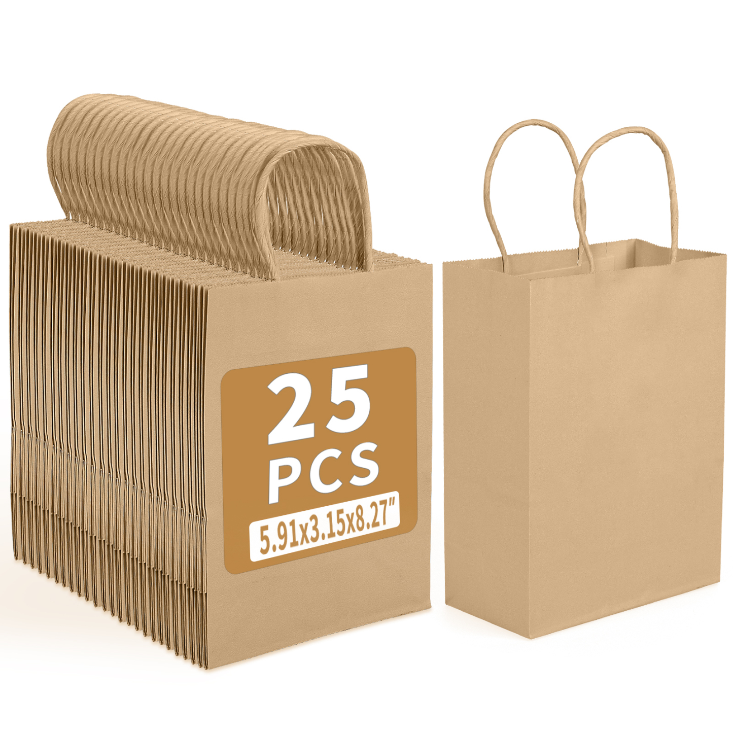 Bolthy MINI Brown Kraft Paper Bags Small 25 PCS 5.91 x 3.15 x 8.26 inches(14x8x20cm) Small Kraft Paper Gift Bags with Handles Bulk Shopping Bags, Retail Bags, Merchandise Bags, Party Favor Bags
