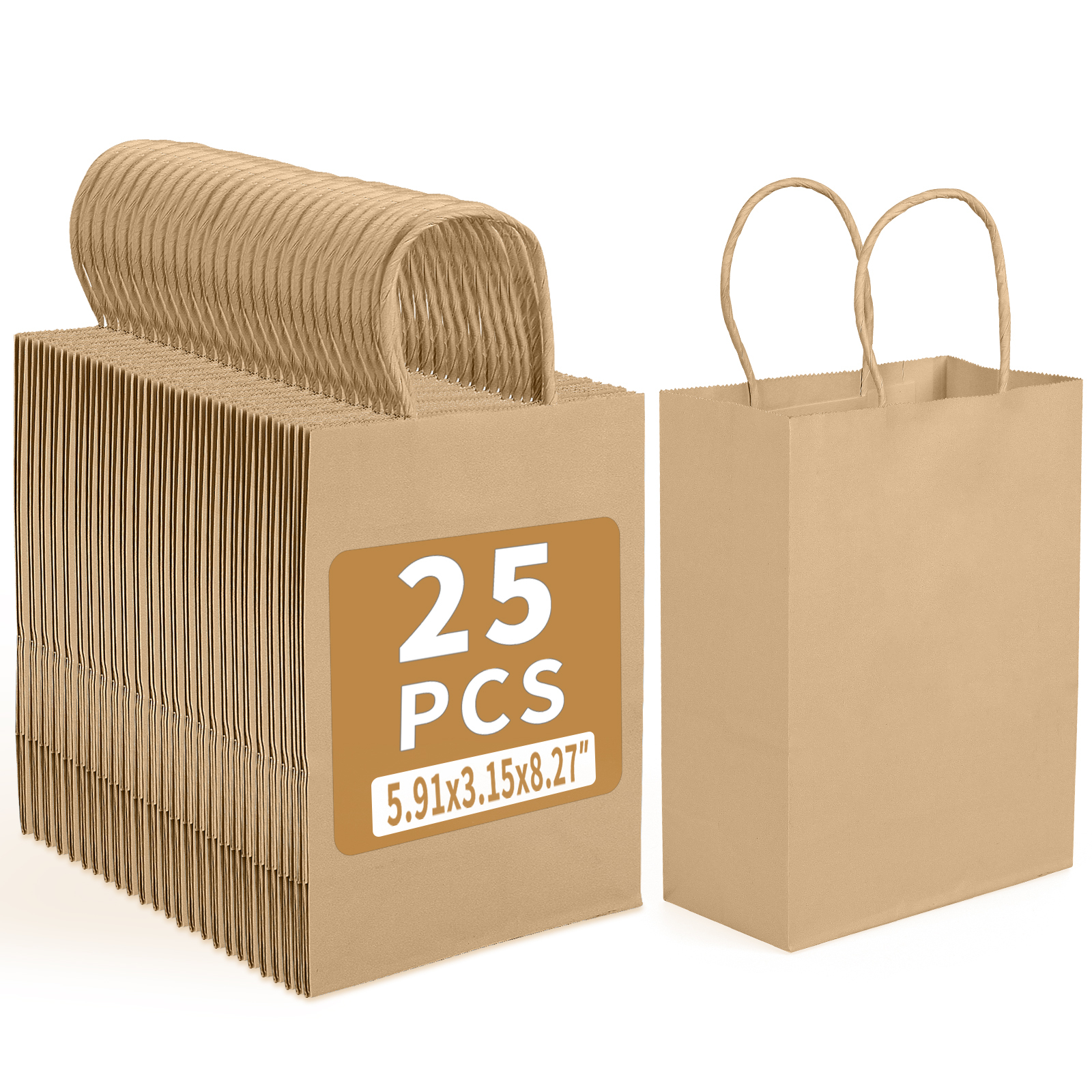 Bolthy MINI Brown Kraft Paper Bags Small 25 PCS 5.91 x 3.15 x 8.26 inches(14x8x20cm) Small Kraft Paper Gift Bags with Handles Bulk Shopping Bags, Retail Bags, Merchandise Bags, Party Favor Bags