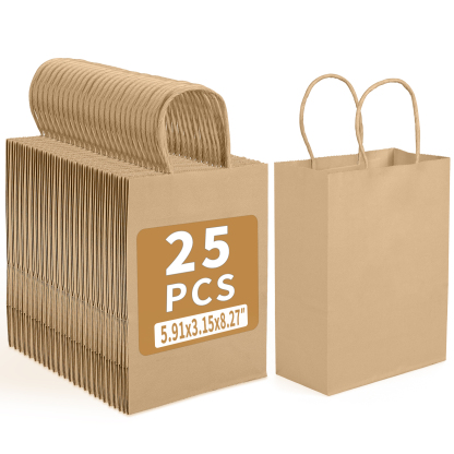 Bolthy MINI Brown Kraft Paper Bags Small 25 PCS 5.91 x 3.15 x 8.26 inches(14x8x20cm) Small Kraft Paper Gift Bags with Handles Bulk Shopping Bags, Retail Bags, Merchandise Bags, Party Favor Bags