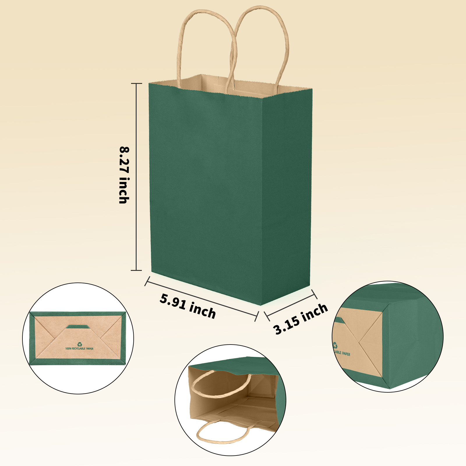 Bolthy MINI Green Kraft Paper Bags Small 25 PCS 5.91 x 3.15 x 8.26 inches(14x8x20cm) Small Kraft Paper Gift Bags with Handles Bulk Shopping Bags, Retail Bags, Merchandise Bags, Party Favor Bags