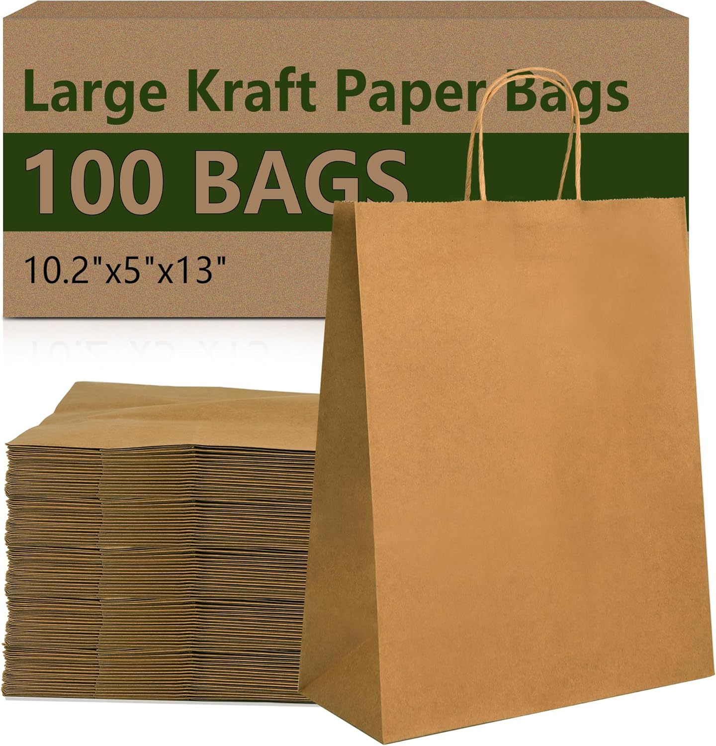 Bolthy Large 100pcs Brown Kraft Paper Bags 10x5x13 inches (25x12x33 cm) Gift Bags with Handles, Shopping Bags, Bulk Craft Tote Bags, Birthday Party, Recyclable Kraft Paper Bags