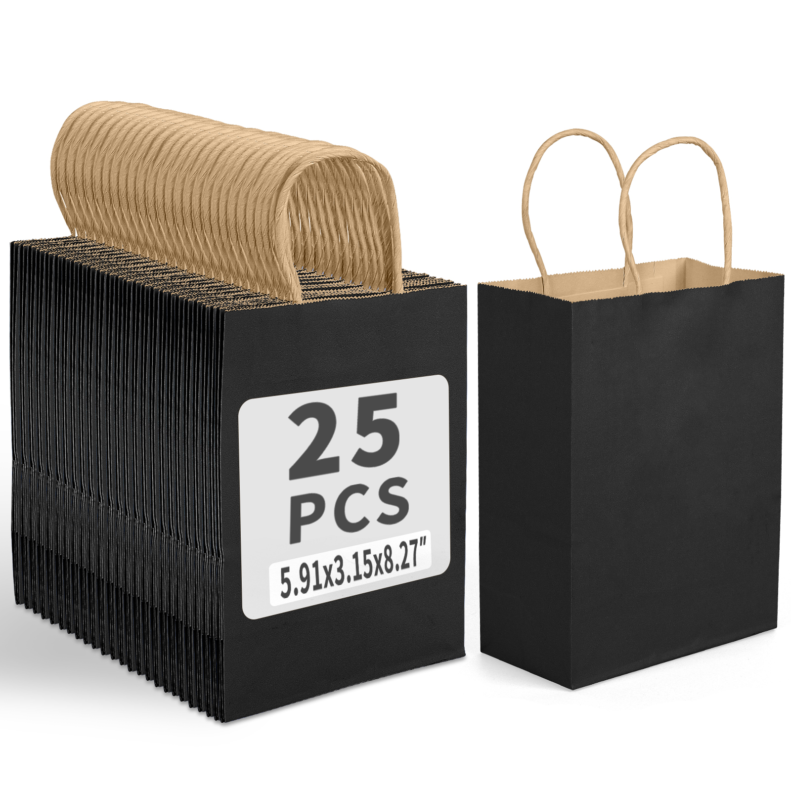 Bolthy MINI Black Kraft Paper Bags Small 25 PCS 5.91 x 3.15 x 8.26 inches(14x8x20cm) Small Kraft Paper Gift Bags with Handles Bulk Shopping Bags, Retail Bags, Merchandise Bags, Party Favor Bags