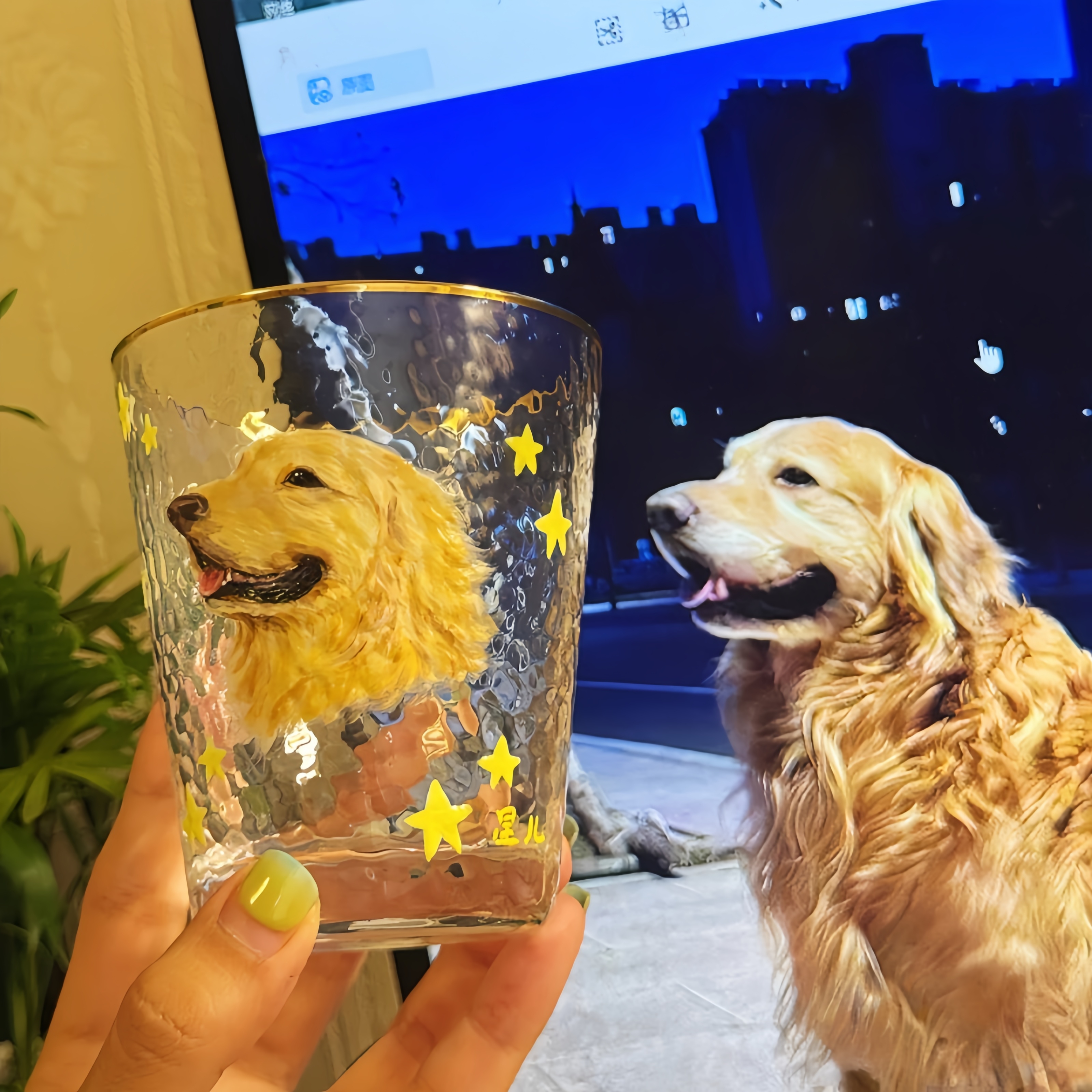 Custom Hand-Painted Pet Portrait Gold-Rimmed Hammered  - Product Description