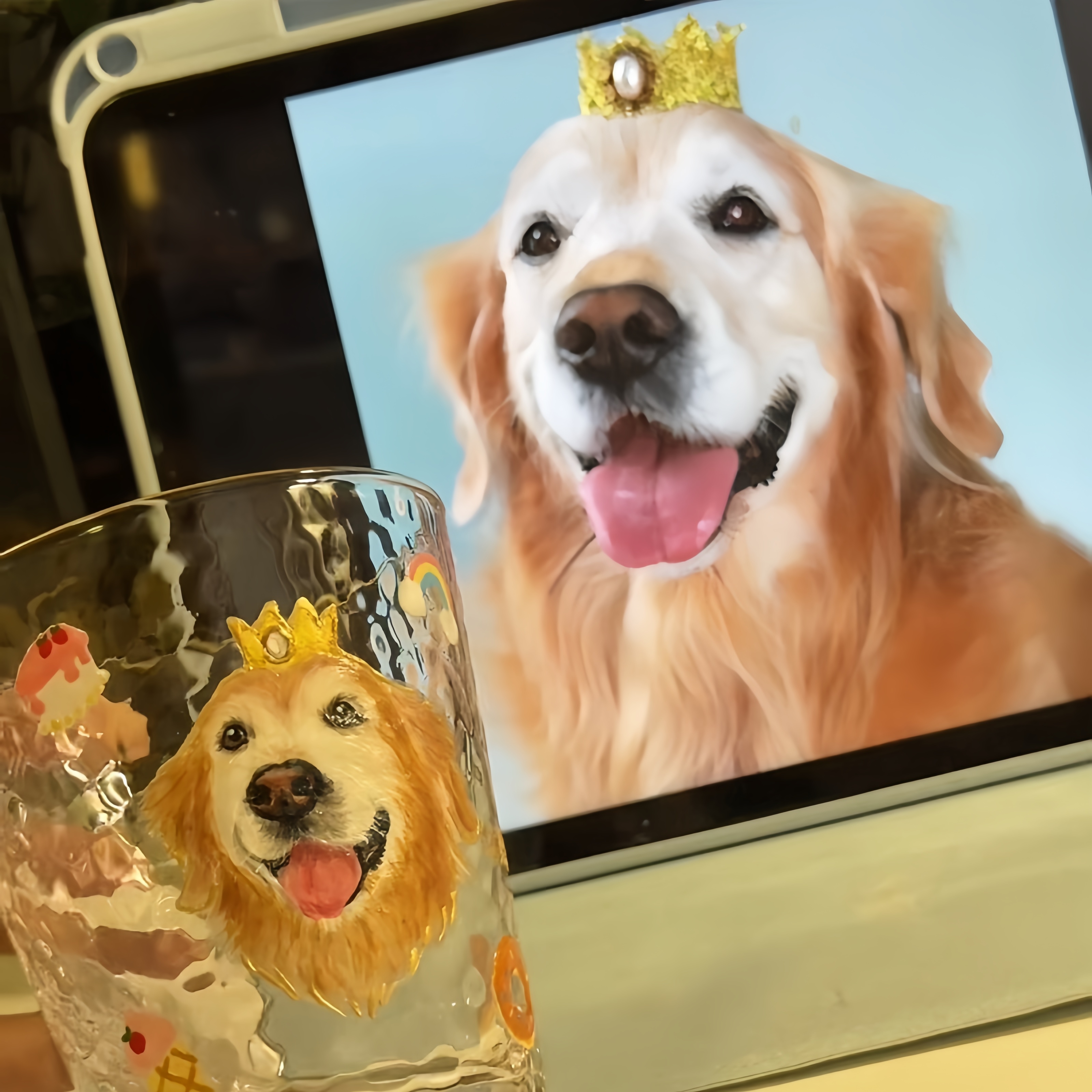 Custom Hand-Painted Pet Portrait Gold-Rimmed Hammered  - Product Description