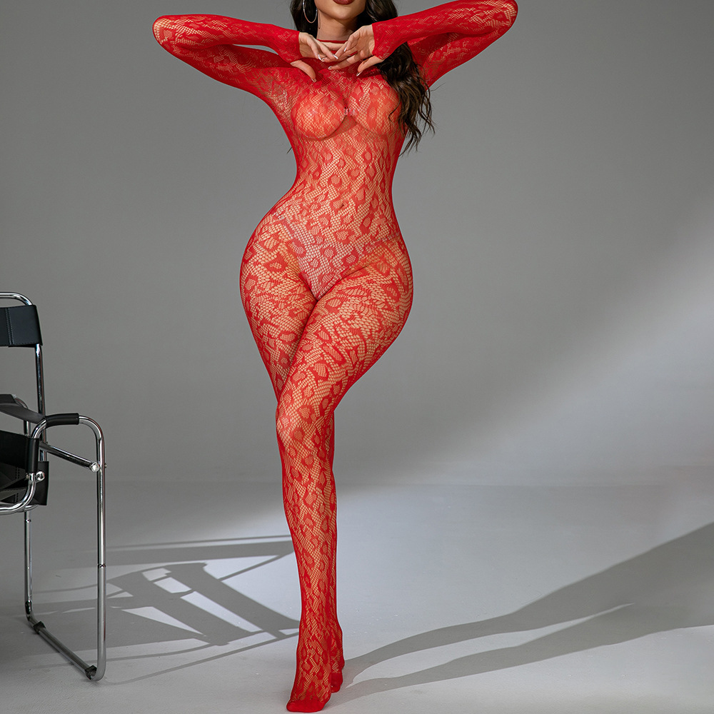 Long-Sleeve Backless Fishnet Bodysuit – Sexy Jacquard Mesh Lingerie