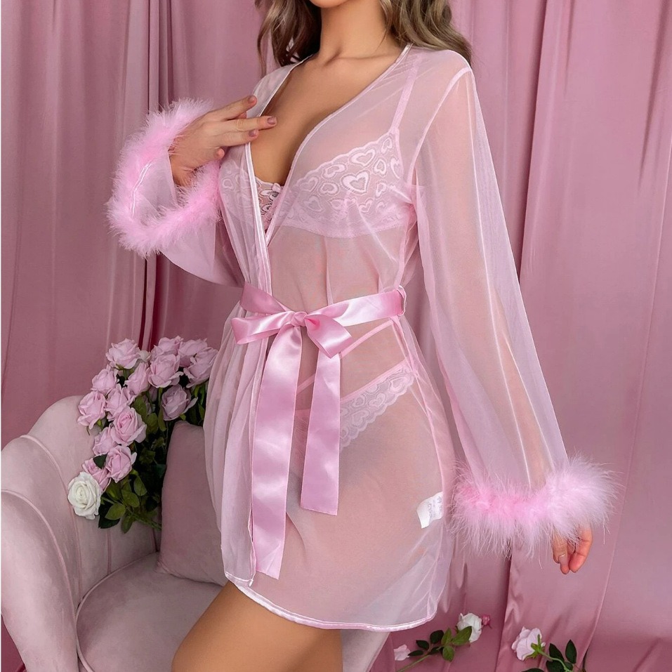 Sheer Mesh Tie-Front Robe – Pure Desire Sexy See-Through Nightwear