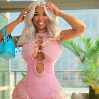 Rhinestone Heart Dot Mesh Bodysuit – Sleeveless Sexy Stretch One-Piece