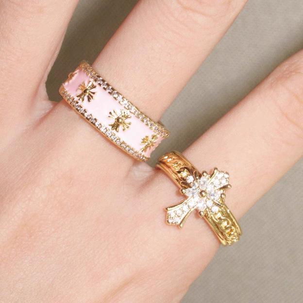 Elegant Bow & Pink Enamel Ring Set – Crystal Gold Stackable Rings for Women