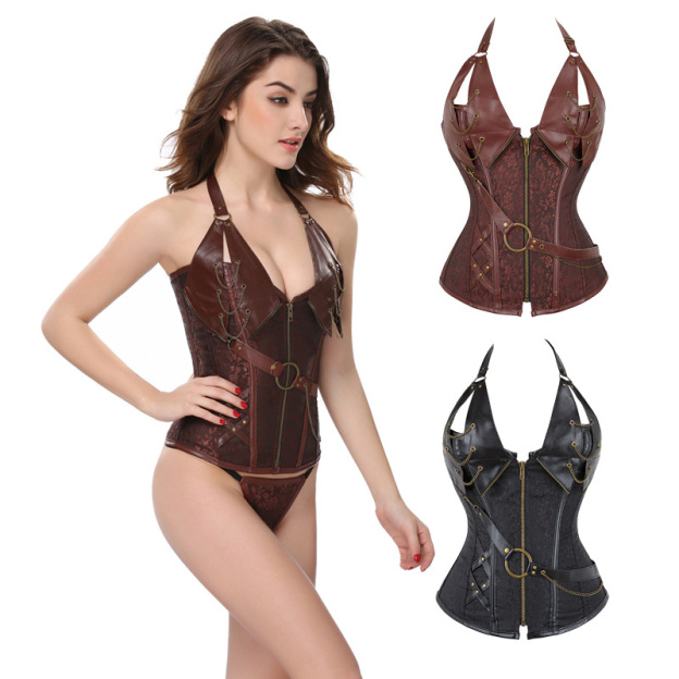 Steel-Boned Leather Corset with Halter Strap 