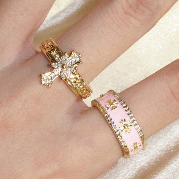 Elegant Bow & Pink Enamel Ring Set – Crystal Gold Stackable Rings for Women