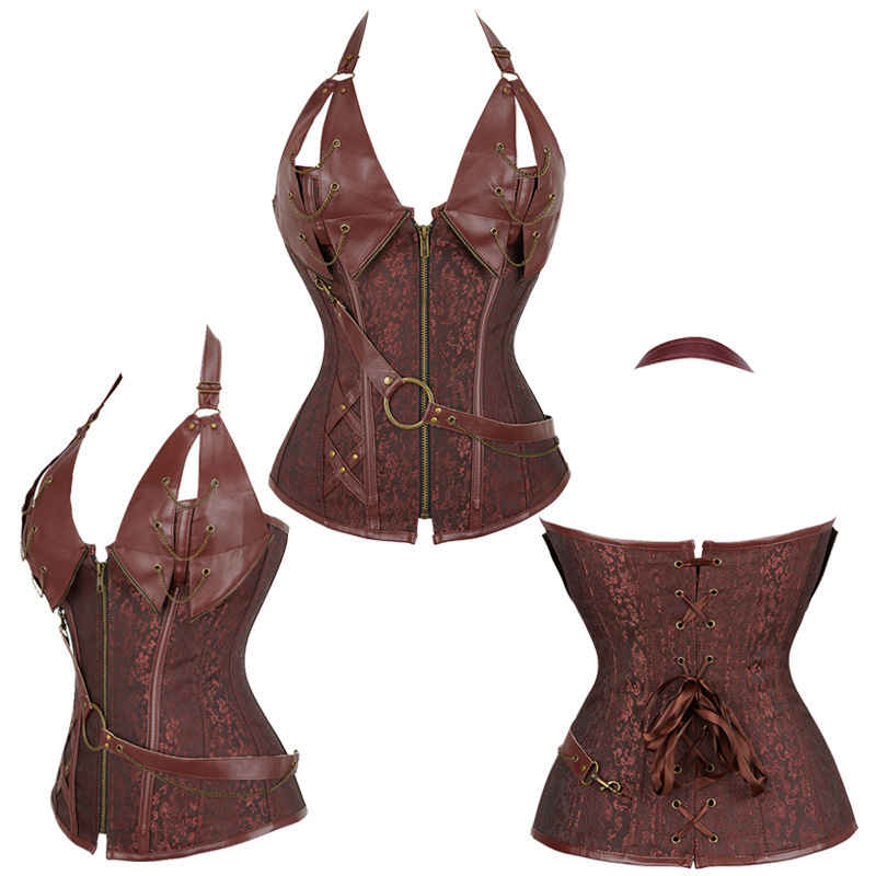 Steel-Boned Leather Corset with Halter Strap 