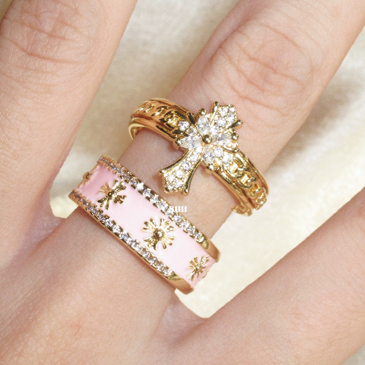 Elegant Bow & Pink Enamel Ring Set – Crystal Gold Stackable Rings for Women