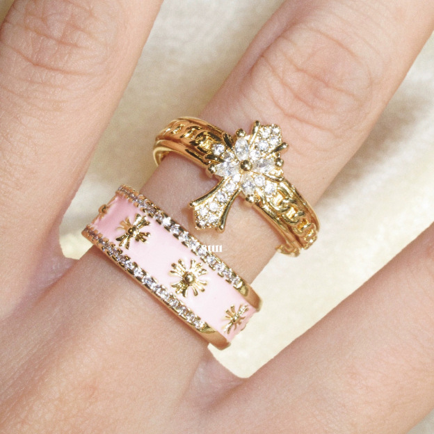 Elegant Bow & Pink Enamel Ring Set – Crystal Gold Stackable Rings for Women