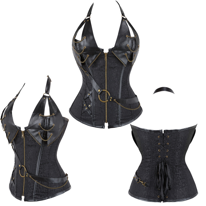 Steel-Boned Leather Corset with Halter Strap 