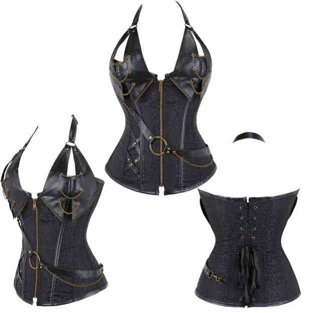 Steel-Boned Leather Corset with Halter Strap 