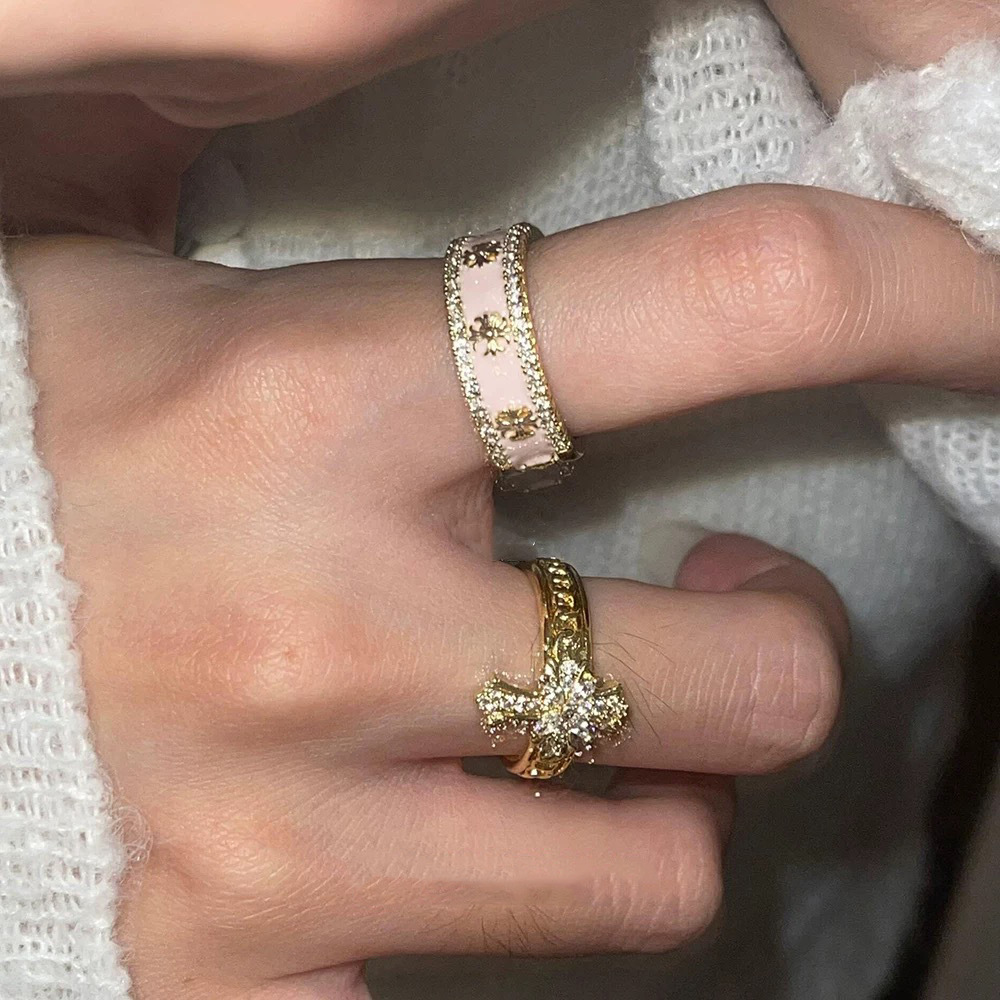 Elegant Bow & Pink Enamel Ring Set – Crystal Gold Stackable Rings for Women