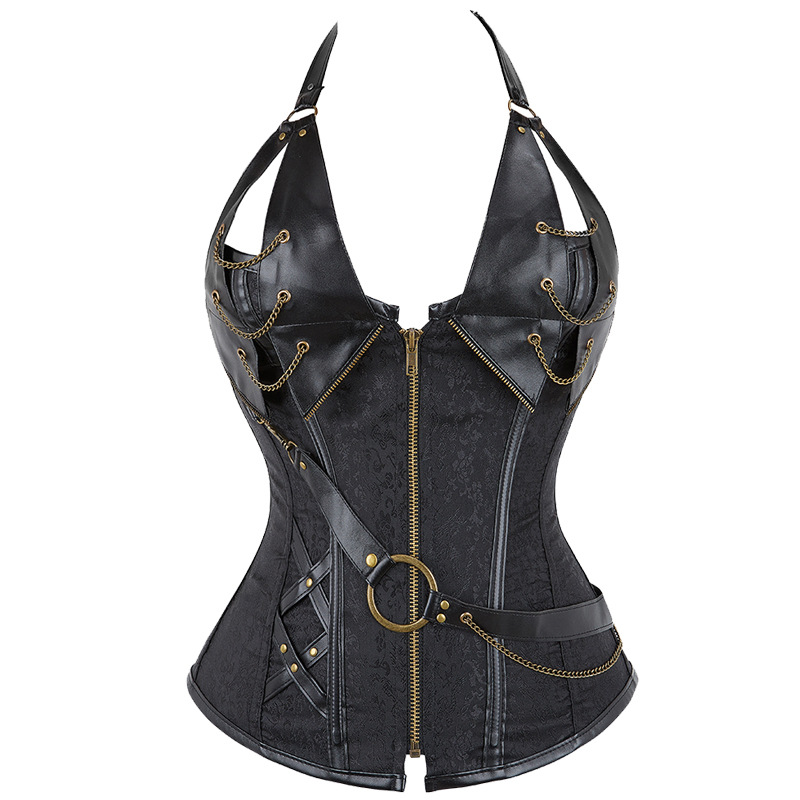 Steel-Boned Leather Corset with Halter Strap 