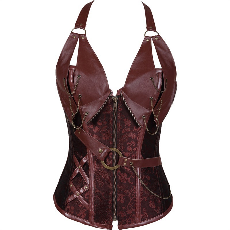 Steel-Boned Leather Corset with Halter Strap 
