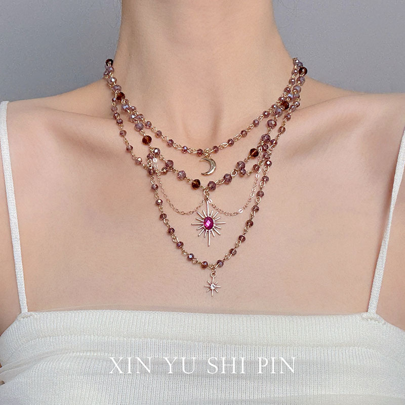 Boho Layered Tassel Necklace with Crystal Beads & Moon Star Pendant