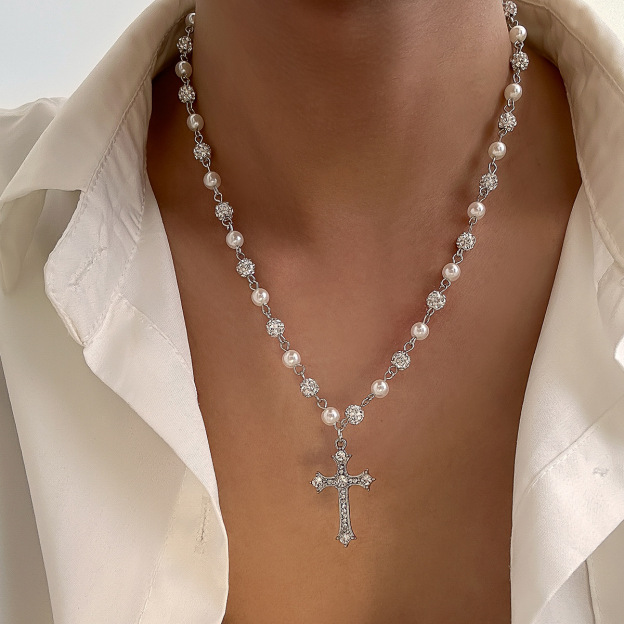 Elegant Pearl Cross Pendant Necklace