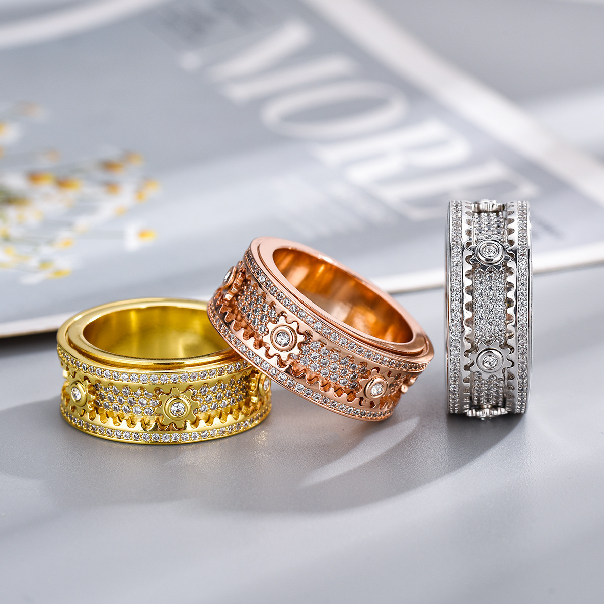 Full CZ Rotating Gear Starry Ring – Luxury Wide Band